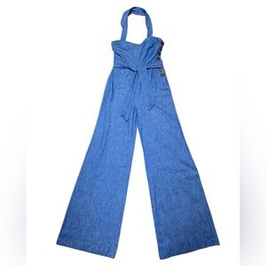 Anthropologie Elevenses Women’s Linen Blend Jumpsuit Wide Leg Side Zip Blue Sz 0